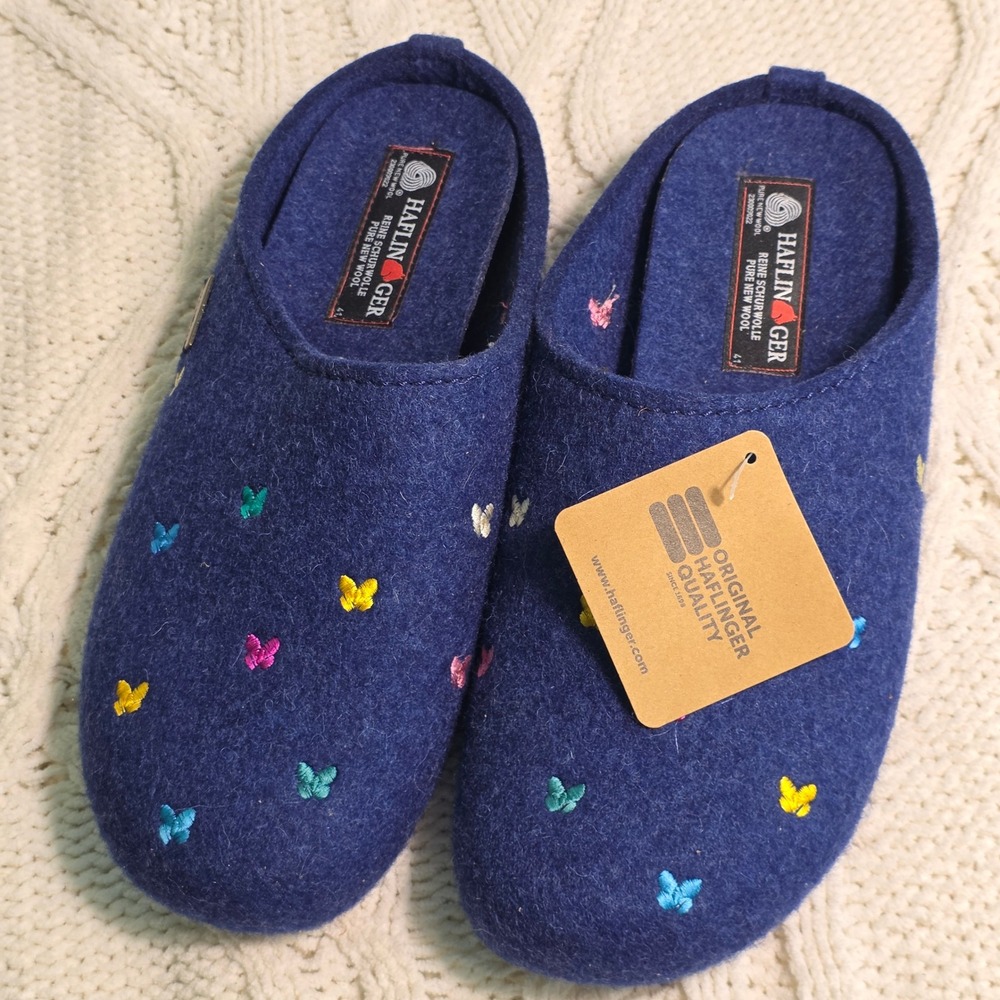 Haflinger Butterfly Wool Slippers Blue Embroidered‎ Clogs Womens 40-41 NEW